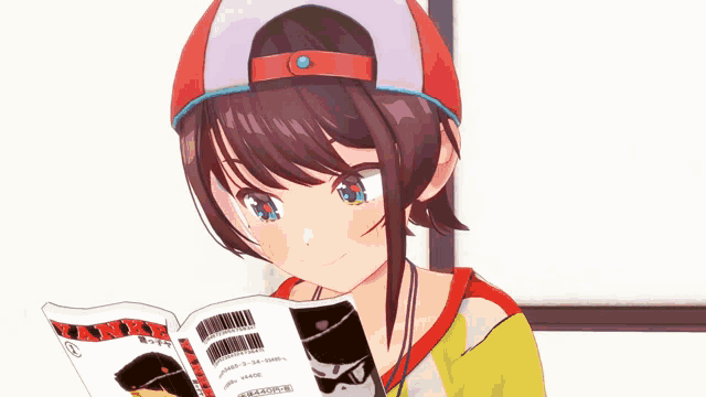 a girl in a baseball cap is reading a book with a barcode on the back