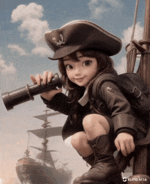 a little girl wearing a pirate hat looks through a telescope