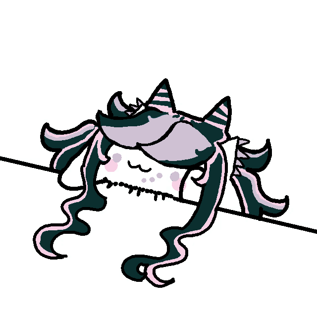 a cartoon drawing of a girl with long hair and horns laying on a white surface .