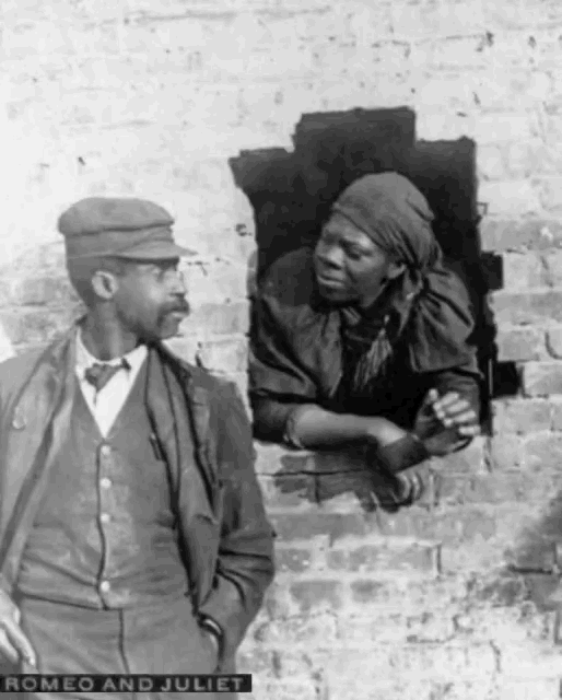 a black and white photo of a man and a woman with romeo and juliet on the bottom