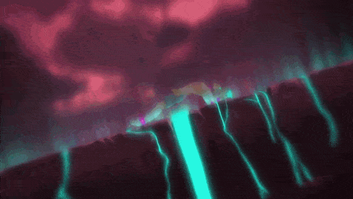 a person is standing in a dark room with a purple background and glowing green lines coming out of it .