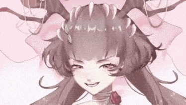 a close up of a girl with horns and a rose in her neck
