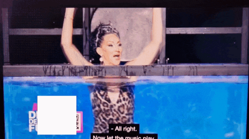 a woman in a leopard print bikini is swimming in a pool with the words " all right " below her
