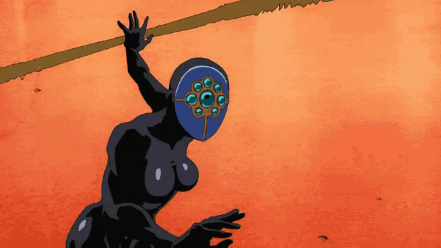 a cartoon drawing of a naked woman with a blue mask on her face