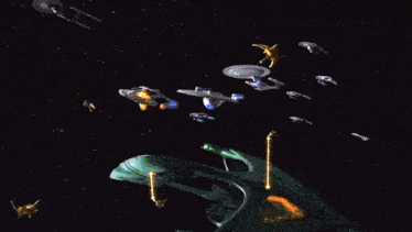 a ncc-1701-d space ship is flying through space