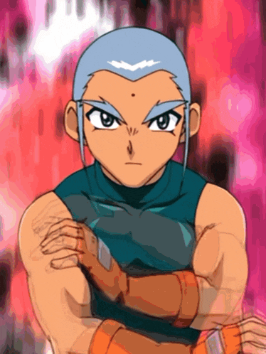 a cartoon character with a shaved head is standing with his arms crossed in front of a pink background