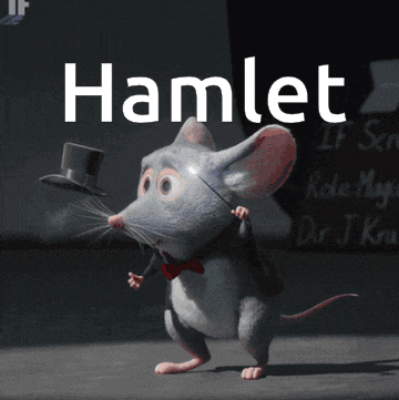 a cartoon mouse with a top hat and bow tie is standing in front of a hamlet sign