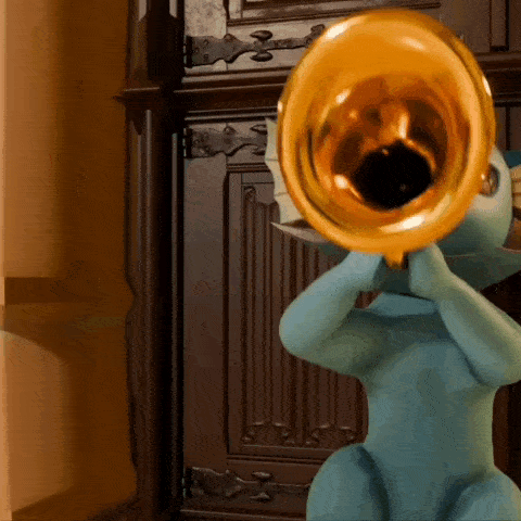 a cartoon character plays a trumpet in front of a door