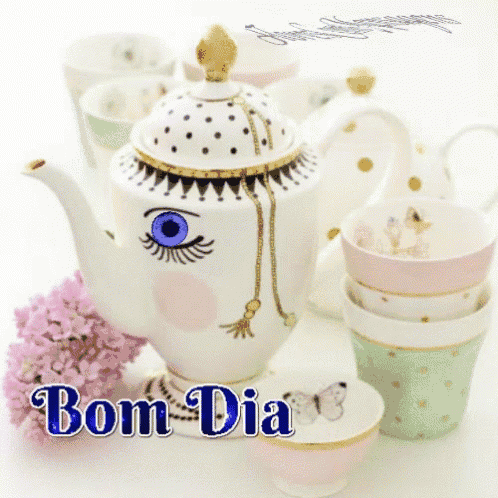 a picture of a teapot and cups with the words bom dia written below it