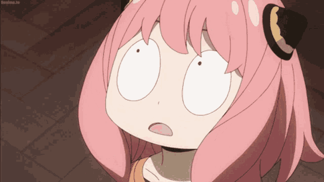 a cartoon character with pink hair and white eyes looks surprised