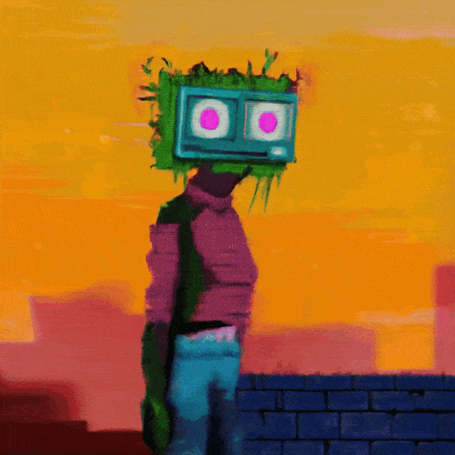 a colorful painting of a person with a green head that says ' o ' on it