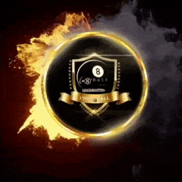 a pool ball with the number 8 on it is in a gold circle with flames coming out of it .