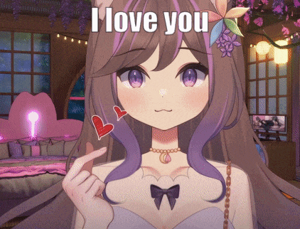 a girl with purple hair is giving the middle finger and says i love you on the bottom