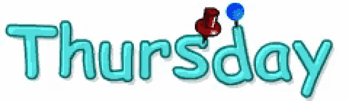 the word thursday is written in blue with a red pin
