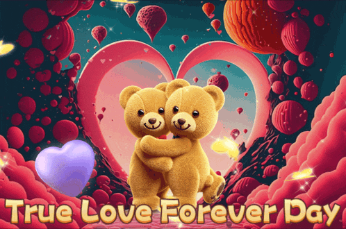 two teddy bears hugging each other with the words true love forever day above them