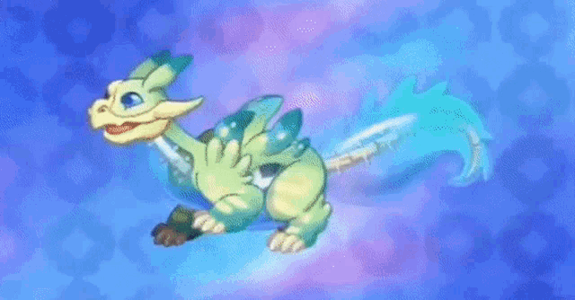 a purple and pink dragon is flying in the air .