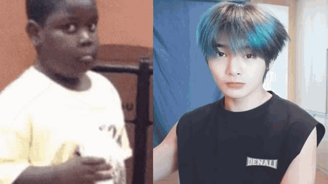 a boy with blue hair is wearing a tank top that says denali