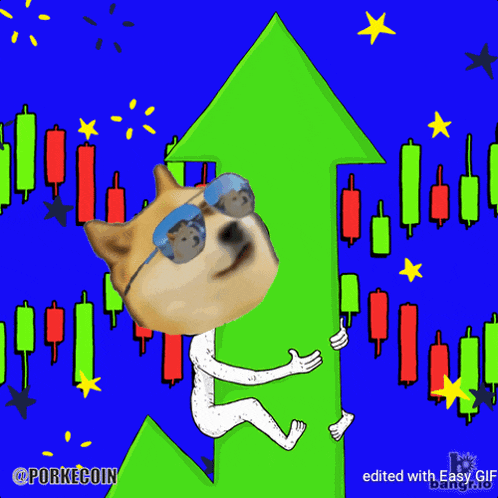 a doge wearing sunglasses is holding up a green arrow with candles in the background