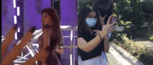 a woman wearing a mask is taking a selfie