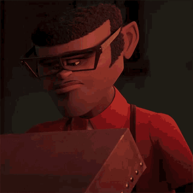 a cartoon character wearing glasses and suspenders looks down