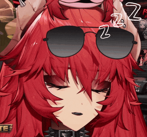 a red haired anime character wearing sunglasses with the letter z on her head