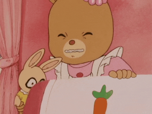 a cartoon bunny with a carrot on its head