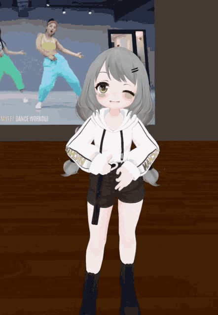 a girl is standing in front of an advertisement for myles dance workout