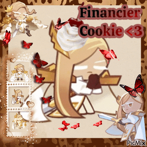 a picture of a financer cookie with butterflies surrounding her