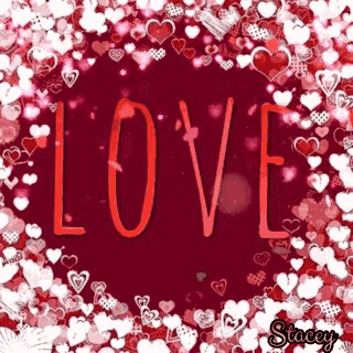 the word love is surrounded by hearts on a red background