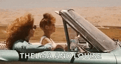 two women are driving a car on a desert road and thelma and louise are talking to each other .