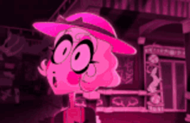 a pink cartoon character wearing a pink hat is standing in front of a store .