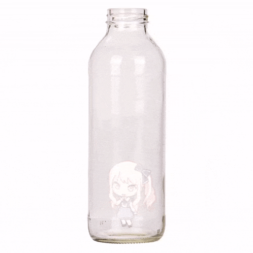 a clear glass bottle with a girl on it