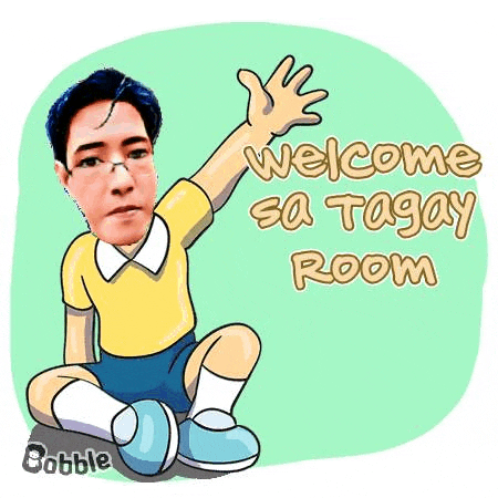 a cartoon of a man in a yellow shirt and blue shorts sitting on the floor waving his hand .
