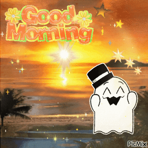 a picture of a ghost with a top hat and the words " good morning "