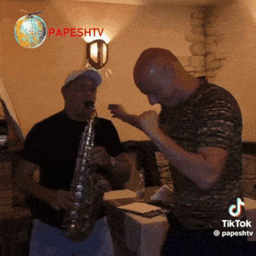 a man playing a saxophone next to another man with a tiktok logo on the bottom right