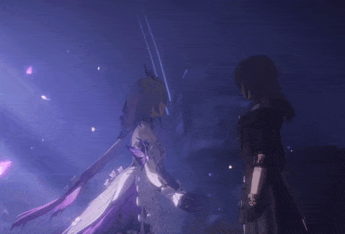 a couple of anime girls hugging each other in a dark room