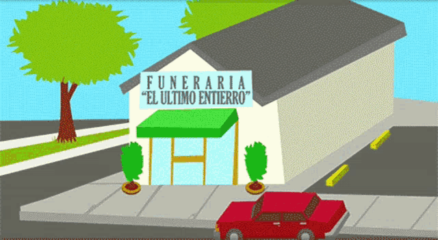a cartoon of a funeraria with a red car parked in front of it