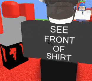 a roblox character wearing a black shirt that says see front of shirt