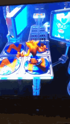 crash bandicoot is playing a video game on a television screen
