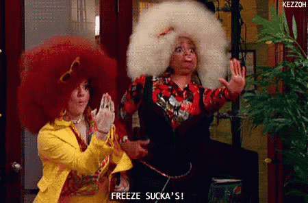 two women with big afros are standing next to each other and one of them is saying freeze sucka 's
