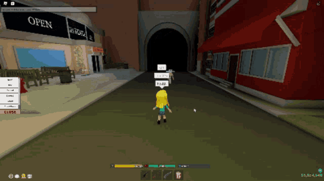 a girl in a video game is standing in front of a building that has the word open on it
