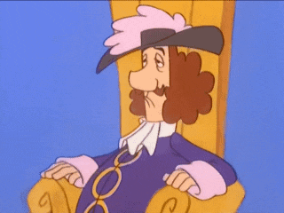 a cartoon character is sitting in a chair with a pink hat