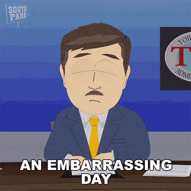 a cartoon of a man sitting at a desk with the words " an embarrassing day " below him