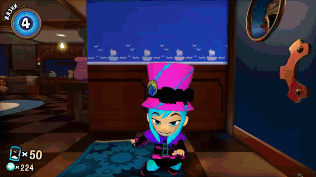 a girl in a pink hat is standing in front of an aquarium with boats on it