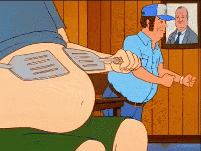 a cartoon of a man holding a spatula over another man 's belly