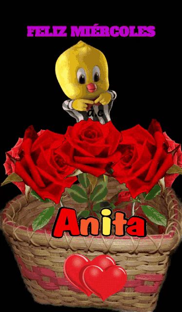 a picture of a basket of red roses with the name anita