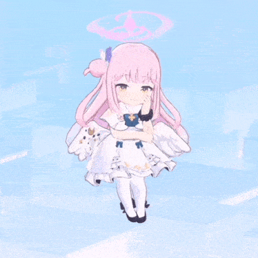 a girl with pink hair and a white dress has a sticker on her head that says ' x '