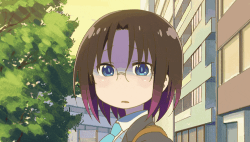a girl with purple hair and blue eyes is standing in front of a tall building