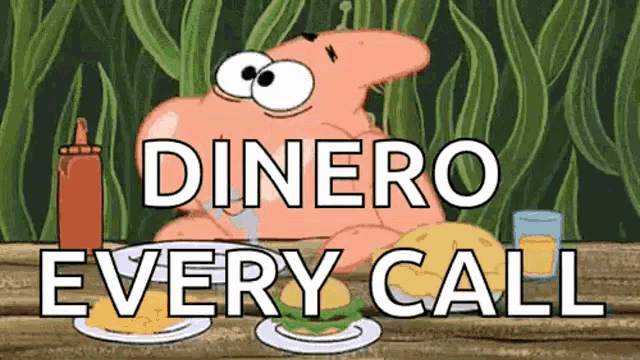 patrick star from spongebob squarepants is sitting at a table eating a hamburger and says dinero every call .