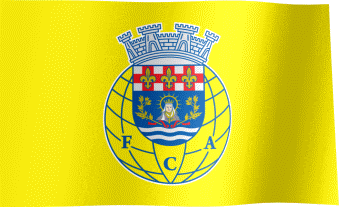 a yellow flag with a blue and white coat of arms and the letter f on it